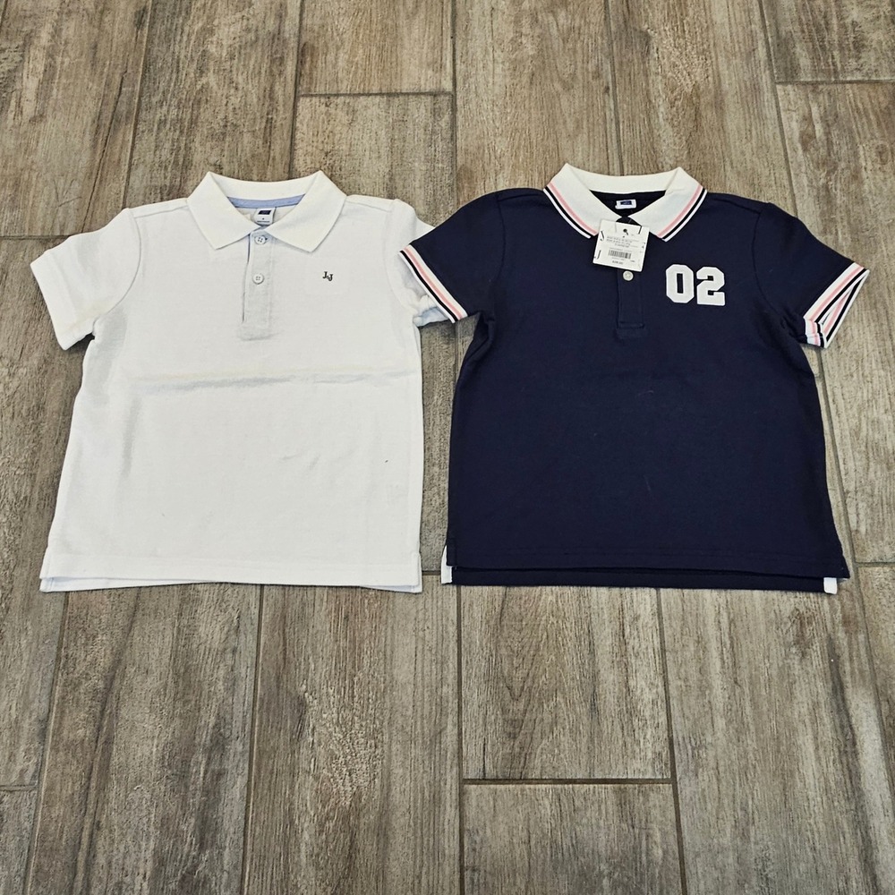 Janie and Jack Polo Shirts Kids Size 4 White Navy Blue NEW 2 Pack Pique Cotton